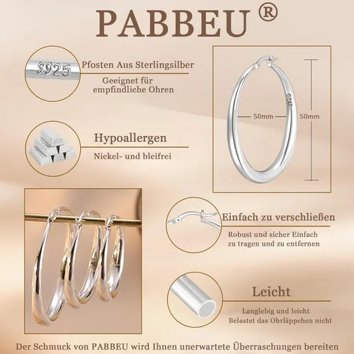Vista 2 de PABBEU Aretes de aro de plata de ley S925 grandes para mujer, hipoalergénicos, ligeros, grandes, gruesos, para mujeres y niñas, 354050602.756 in