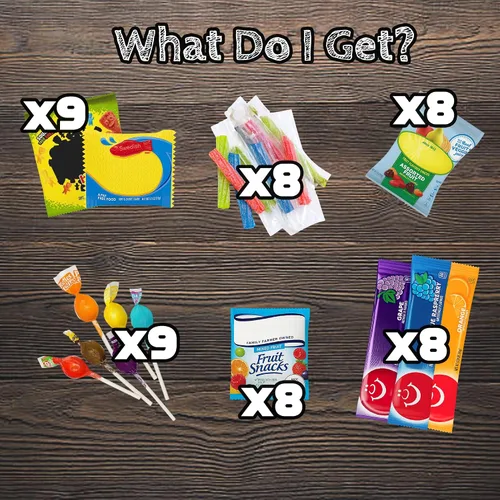Vista 2 de Paquete de regalo surtido de dulces – 50 unidades de dulces envueltos individualmente – Caramelos frutales, masticables, ácidos y duros