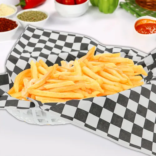 Vista 7 de Combo de cesta de comida rápida de estilo retro (12 unidades) y forro a cuadros (100 unidades). La cesta de comida rápida es apta para lavavajillas.