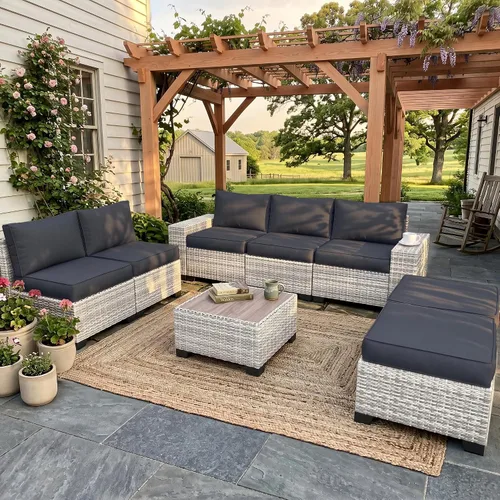 Vista 47 de Muebles de patio al aire libre conjunto PE mimbre ratán al aire libre sofá seccional Gris