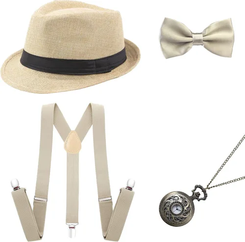 Vista 9 de BABEYOND 1920s - Conjunto de accesorios de gángster de Gatsby para hombre, sombrero de Panamá y pajarita