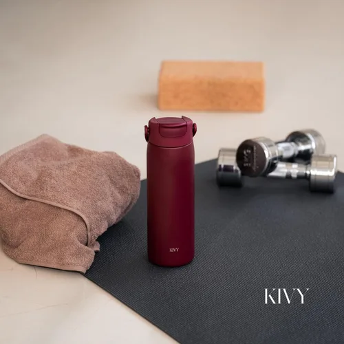 Vista 2 de KIVY Botella de agua de acero inoxidable con pajita 24oz - 24h fría 12h Rojo oscuro
