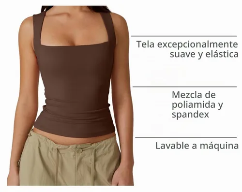 Vista 4 de QINSEN Camisetas básicas ajustadas de doble capa con cuello cuadrado para mujer Castaño
