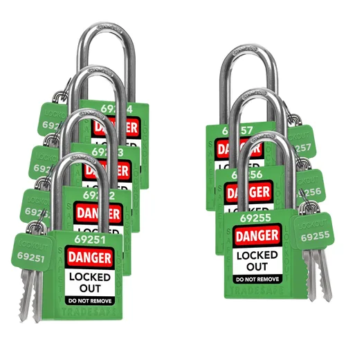 Vista 23 de TRADESAFE Juego de cerraduras de bloqueo - 7 cerraduras de loto rojas, cerraduras de bloqueo con llave diferente, 1 llave por cerradura, candados