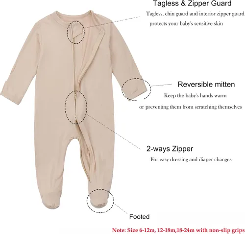 Vista 3 de Aablexema Pijama con cremallera para bebé, rayón de bambú, 3 piezas, unisex, con manopla, manga larga, pies