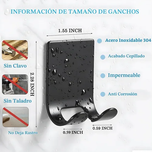 Vista 2 de Soporte para maquinilla de afeitar (2 unidades), ganchos autoadhesivos resistentes de acero inoxidable, ganchos de pared adhesivos de acero