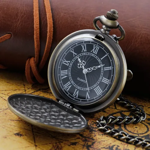 Vista 4 de Both Sides - Reloj de bolsillo de cuarzo tallado en bronce con movimiento de cuarzo, reloj de bolsillo de cuarzo con clip de cadena para hombre