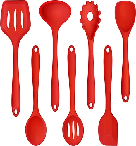 Vista 8 de TeamFar Juego de 7 utensilios de cocina de silicona, herramientas antiadherentes de cocina negras, espátula, cucharón, servidor de pasta