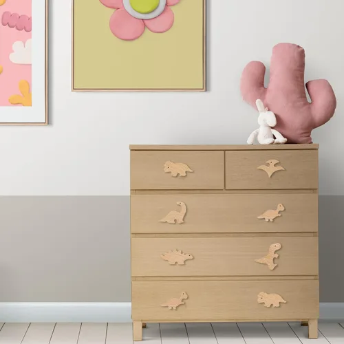 Vista 7 de Whaline 6 pomos de madera de dinosaurio con tornillos decorativos con temática de dinosaurio, pomos de tocador de madera natural, pomo de muebles