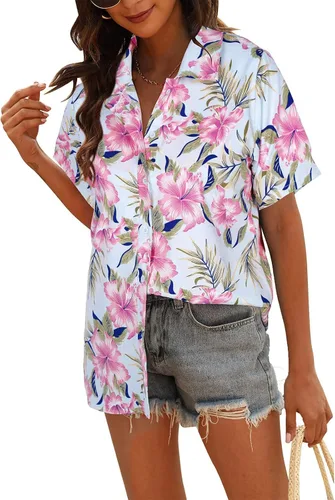 Vista 2 de MYHALF - Camisa de verano estilo hawaiana para mujer, suave y fresca, con estampado floral tropical, cuello en V, manga corta y botones
