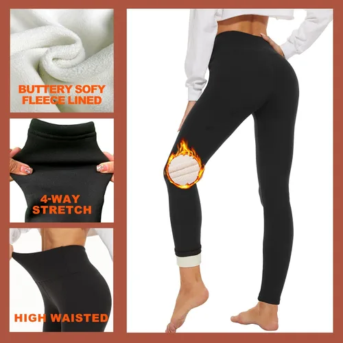 Vista 3 de GAYHAY - Leggings con forro de vellón para mujer, pantalones de yoga cálidos de invierno para entrenamiento, con cintura alta y control de abdomen