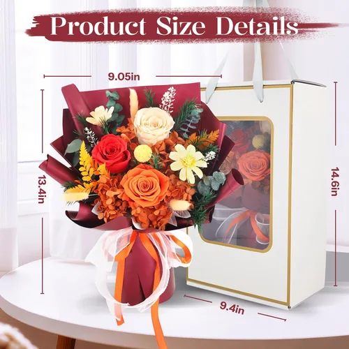 Vista 2 de Flores preservadas para entrega, ramo de flores naranjas frescas con caja de regalo, regalos de rosas eternas para mujeres, mamá, esposa en Navidad