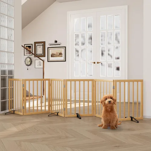 Vista 12 de Semiocthome Puertas de bambú para perros para interiores, puertas independientes de 2 paneles para cachorros para la casa con 2 soportes de metal
