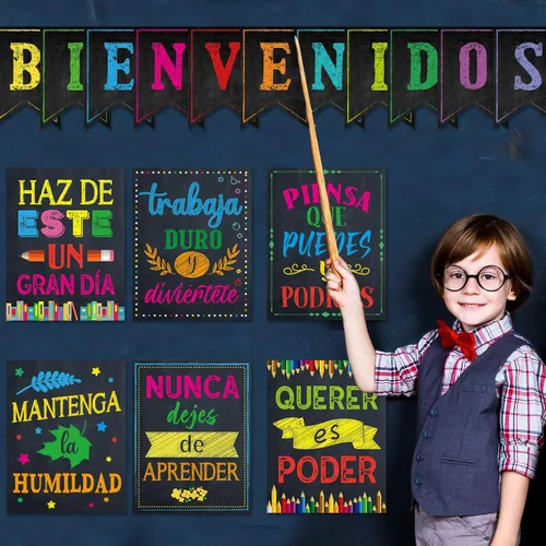 Vista 5 de gisgfim 21 pósteres inspiradores españoles de Bienvenidos, color negro, colorido, motivacional, juego de tablones de anuncios para el aula, oficina