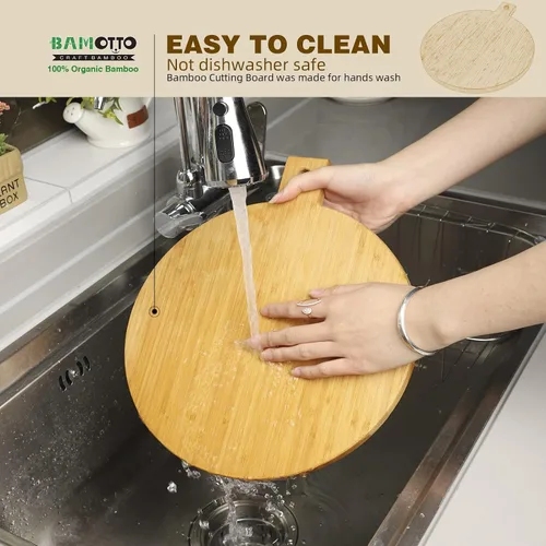 Vista 5 de BAMOTTO CRAFTBAMBOO Tabla de cortar redonda 100% bambú con mango de 13 x 11 x 0.63 pulgadas, tabla de charcutería decorativa para colgar, bandeja