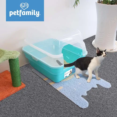 Vista 8 de Caja de arena para gatos Petfamily, caja de arena grande plegable jumbo con techo y tapa transparente (Azul verdoso)