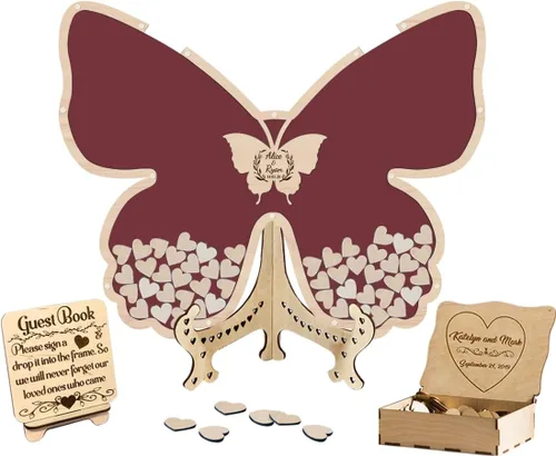 Vista 15 de Libro de invitados de boda de mariposa personalizado con corazones de madera, borde de madera personalizado, ideas alternativas, libro de invitados