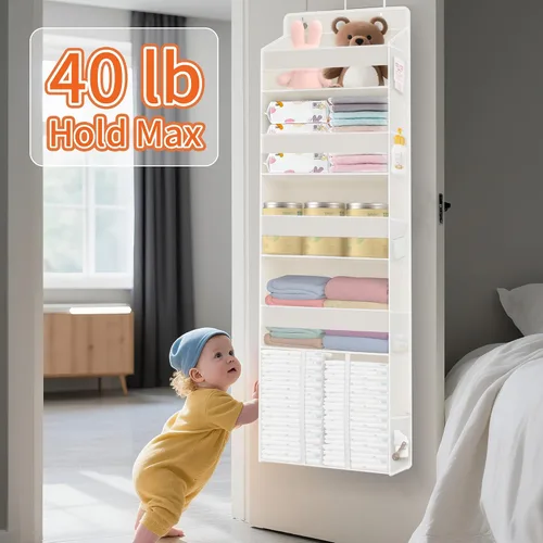 Vista 5 de TAHAVICE Organizador de 5 niveles sobre la puerta con 10 bolsillos de malla Gran capacidad para colgar en el armario para pañales de bebé, Beige