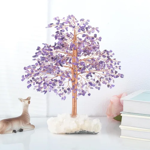Vista 2 de Árbol de la vida con piedras preciosas de amatista natural, base de cuarzo transparente, bonsái de dinero de chakras, Feng Shui, cristales curativos