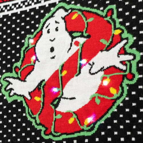 Vista 5 de Ghostbusters Logo Marhsmellow Hombre y árboles iluminan suéter feo de Navidad