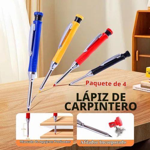 Vista 2 de Paquete de 4 lápices de carpintero con sacapuntas, juego de lápices mecánicos con 28 repuestos, lápices de construcción resistentes para carpintería