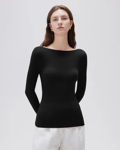 Vista 2 de SUUKSESS - Blusa de manga larga ajustada con cuello barco para mujer, de cachemira como las nubes Negro