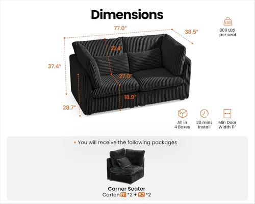 Vista 2 de Sofá Modular de Tamaño Grande, Sofá Seccional de Pana Cloud Extra Profundo con Otomana Chaise, Sofá Cama de Pana Esponjosa de 2 Plazas para Sala