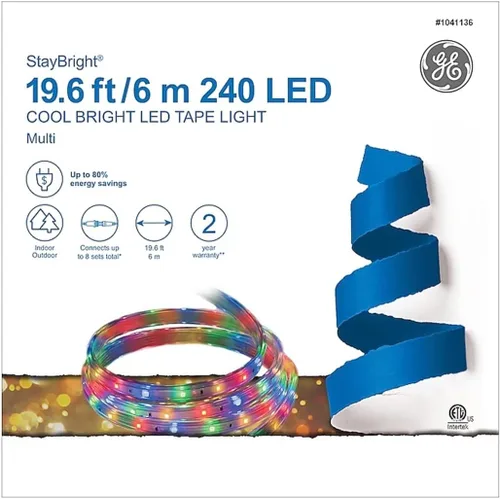 Vista 2 de GE StayBright 82155LO - 240 luces LED de Navidad integradas multicolor constantes de 19.6 pies con tubo transparente