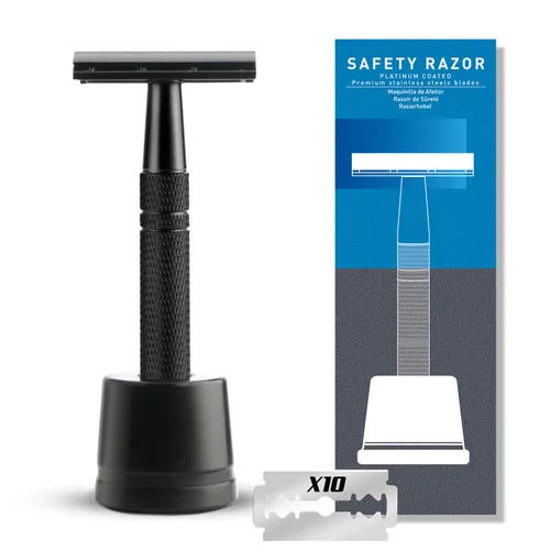 Vista 20 de Maquinilla de afeitar de seguridad azul, navajas de una sola hoja para hombres Reusable Metal Razor, with 10 Platinum Coated Double Edge Blades