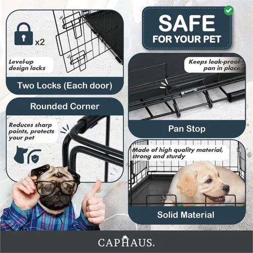 Vista 4 de CAPHAUS Perrera plegable de alambre de metal para perros con bandeja a prueba de fugas y patas protectoras y panel divisor, puerta individual