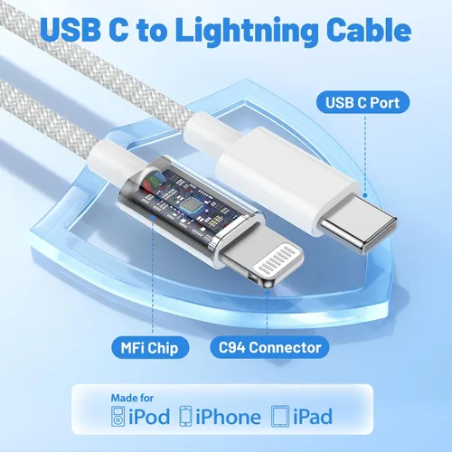 Vista 4 de Cable USB C a Lightning de 3/6/10 pies, [certificado Apple MFi], cable trenzado de carga rápida para iPhone, cable de carga tipo C para iPhone 14 13