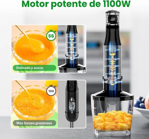 Vista 2 de Batidora de inmersión de mano con cable turelar, juego de licuadoras de mano de 1100W, disparador de velocidad variable 5 en 1 con palillo Negro