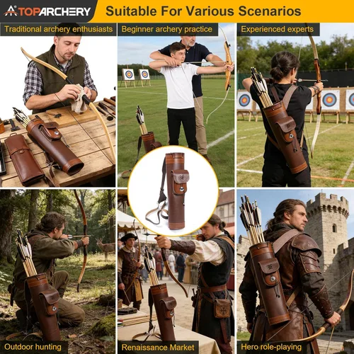 Vista 3 de TOPARCHERY - Aljaba Tradicional para Hombro y Espalda de Cuero con Bolso Grande, Correas Hechas a Mano, Marrón