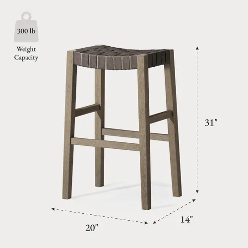 Vista 3 de Maven Lane Emerson Taburete de bar – 31 pulgadas – Taburete rectangular con reposapiés – Madera maciza gris y asiento de piel sintética gris – Ideal