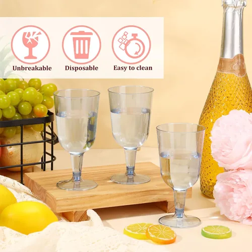 Vista 4 de Meanplan 100 copas de vino de plástico con tallo de 6 onzas, vasos de vino de plástico para fiestas, desechables, apilables, de picnic de boda Azul