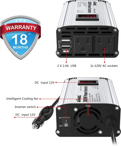 Vista 5 de Inversor de corriente de 300 W DC 12 V a 110 V AC inversor de coche con adaptador de coche USB dual 4.8A con pantalla LED
