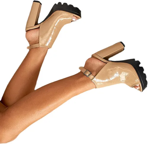 Vista 5 de Aniywn Sandalias de plataforma de tacón alto para mujer de piel sintética tacones gruesos puntera abierta sandalias de tacón alto con correa al