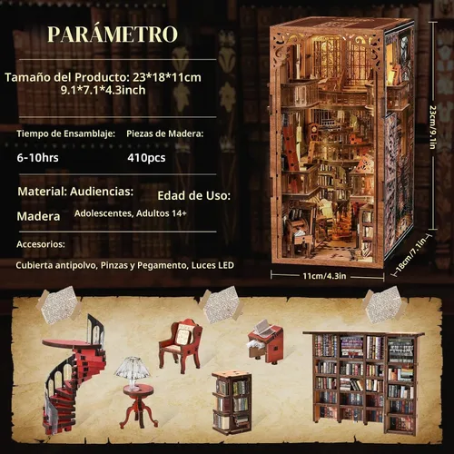Vista 2 de MiniCity Kit de rincón de libros de bricolaje, escena de madera en miniatura 3D con luces LED, cubierta de polvo y herramientas para decoración