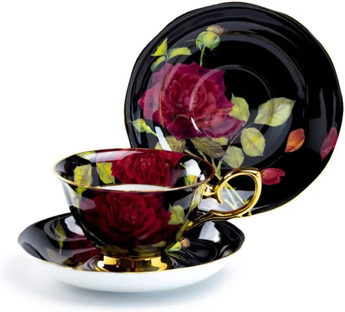 Vista 2 de Taza de té y platillo de porcelana de hueso rosa de tallo (negro)