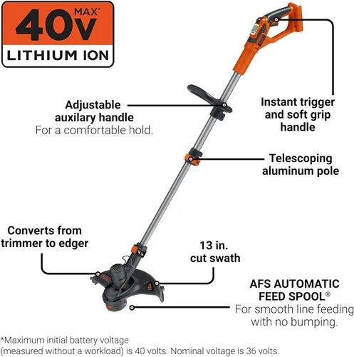 Vista 2 de Desbrozadora Black & Decker de batería de Li-ion sin cables de 13 pulg, batería 40V, Negro