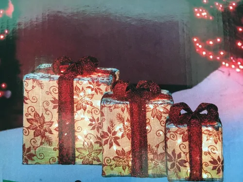 Vista 4 de Cajas de regalo florales de arpillera iluminadas para decoración navideña al aire libre, juego de 3
