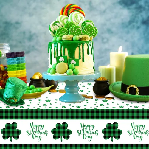 Vista 4 de Whaline 3 manteles desechables para el día de San Patricio, color verde y negro, a cuadros, trébol, trébol, rectangular, de plástico, mantel