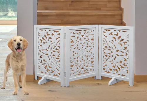 Vista 21 de Puerta independiente para mascotas para perros, puerta plegable de madera para perros para casa, puerta interior para perros para escaleras