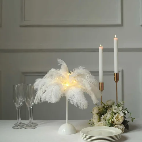 Vista 8 de Efavormart - Lámpara de mesa LED de plumas de avestruz blanca de 15 pulgadas, centro de mesa inalámbrico con pilas para bodas y fiestas, luz