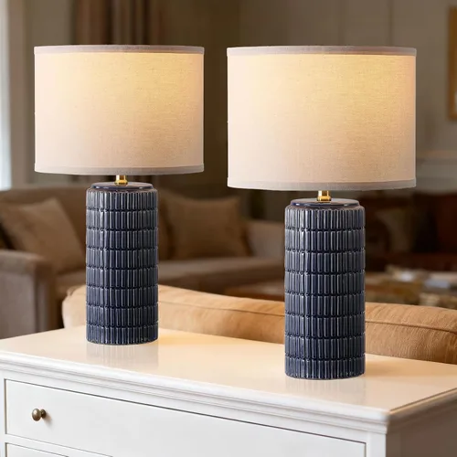 Vista 8 de Juego de 2 lámparas de mesa modernas de cerámica, lámpara de noche para decoración de dormitorio, lámpara de mesita de noche con 3 temperaturas