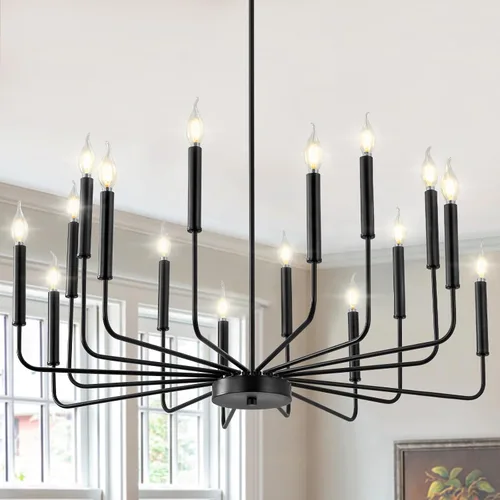 Vista 10 de WOKNOS Candelabros modernos negros de granja, 8 luces industriales de metal, lámparas colgantes clásicas para cocina, dormitorio, comedor, sala