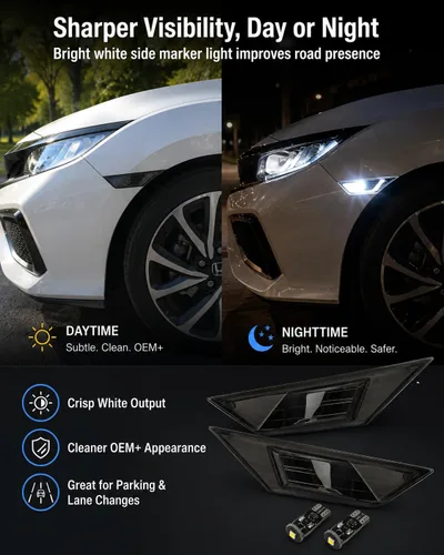 Vista 4 de Luz LED Blanca con Lente Ahumada para Marca Lateral Delantera Compatible con Honda Civic 10ª Generación 2016-2021 Sedán Coupé Hatchback
