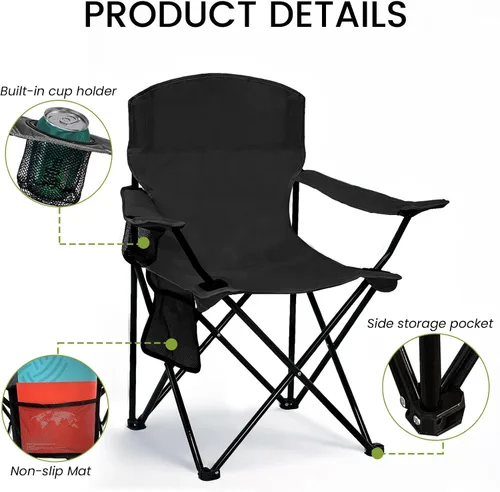 Vista 4 de Silla plegable para acampar con portavasos y bolsa de almacenamiento lateral, capacidad de 300 libras, ligera, respaldo alto, portátil para playa