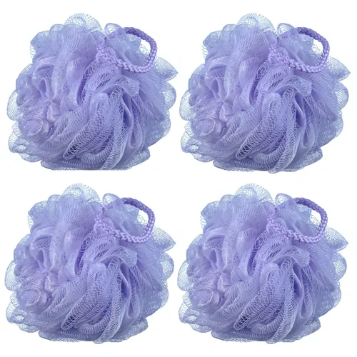 Vista 6 de Esponja de baño de malla multicolor de 2.12 oz/pieza, puf de ducha, esponjas, paquete de 4 (blanco, rosa, morado y azul)