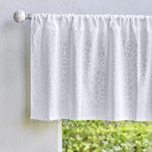 Vista 16 de Saffron Marigold Cortina de cenefa impresa a mano con ribete de cuentas, velo de novia blanco, perfecta para cocina, dormitorio, baño, comercio